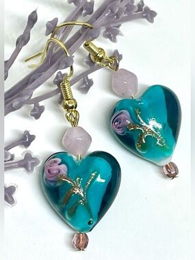 Teal Blue Lavender Purple Bronze Sand Floral Lampwork Glass Heart Earrings NWT